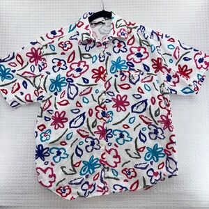 Vintage Ilio Artistic Floral Camp Shirt Multicolor Flowers Cotton Short Sleeve M